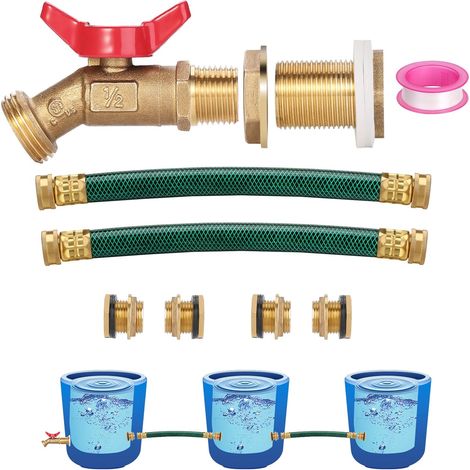 Regenwasserfass-anschlussset, Messing-vierteldreh-kugelhahn Mit Schottverschraubung, Zwei 33 Cm Lange Schläuche Und Vier Schottverschraubungen Für Den Tank