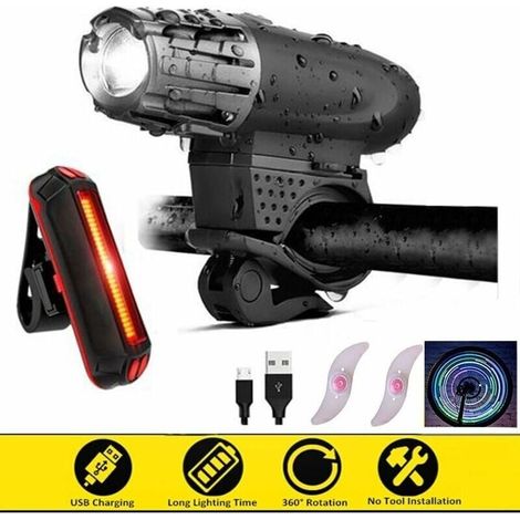 Vorder- Und Rücklicht, Wiederaufladbare, Wasserdichte Led-fahrradbeleuchtung Mit Usb-kabel, 4 Einstellbare Modi + 2 Freilauflichter