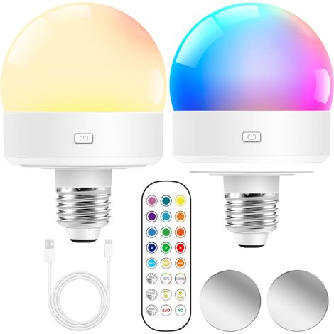 Set Mit 2 Wiederaufladbaren E27-glühbirnen Per Usb-c Mit Fernbedienung, Dimmer, Timer Und 15 Farben Für Camping