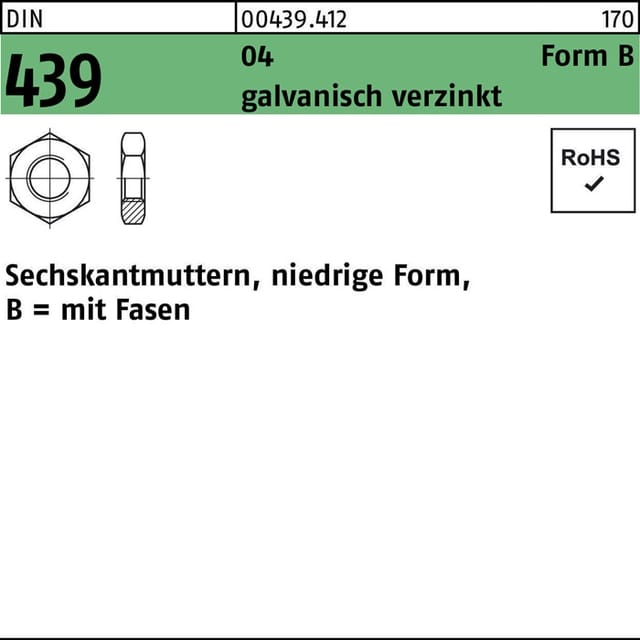 Sechskantmutter DIN 439 Form B BM 20 Automatenstahl galvanisch verzinkt