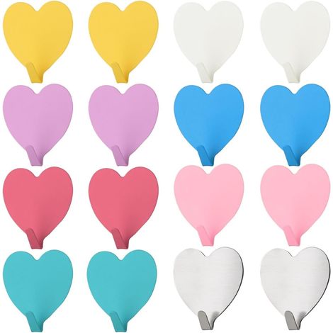 16er-pack Herzförmige Haken, Bunte Herzhaken, Metallhaken, Selbstklebende Haken, Niedliche Haken, Dekohaken, Wohnaccessoires