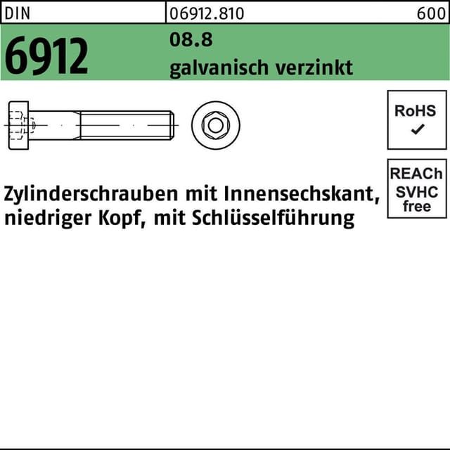 DIN 6912 Zylinderkopf-Schaftschraube niedrige Form M16x140 Stahl 8.8 galvanisch verzinkt Innensechskant 25 Stk