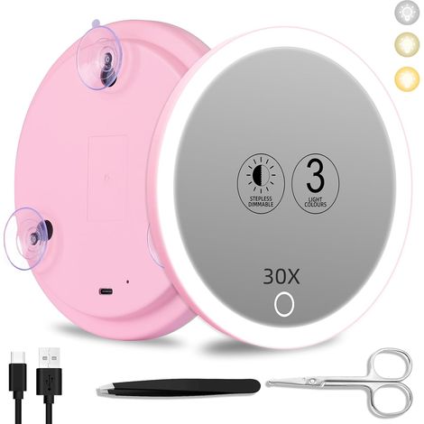 X 30-fach Vergrößernder Spiegel, 3-farbiges Led-licht, Usb-aufladbar, 3 Saugnäpfe, Für Make-up Und Reisen