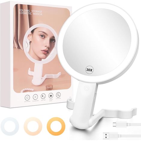 Doppelseitiger Vergrößerungsspiegel (30x Und 1x) Mit 3-farbiger Beleuchtung, Usb-c-aufladbar, 360°-drehung, Für Reisen Und Tischaufstellung