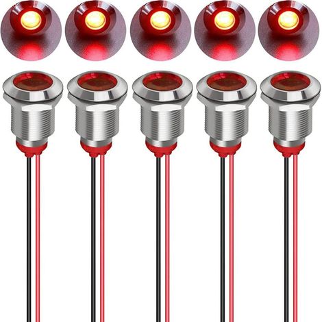5 Stück 12 Mm 12/24 V Dc Led-metallanzeige - Wasserdichte Signalleuchte, Blinker-kontrollleuchte Für Armaturenbrett Mit Kabel (rot)