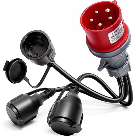 Cee 16a Auf 3 Schuko 230v Adapter Mit Ip44 Gummikabel Für Camping, Wohnwagen Und Baustellen