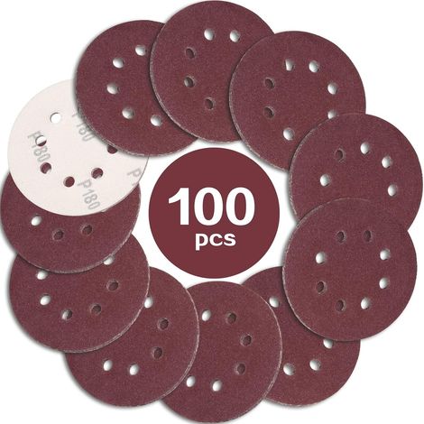 100 Schleifscheiben, 125 Mm, Körnung 180, 8 Löcher Für Exzenterschleifer, Aluminiumoxid Für Holz Und Metall