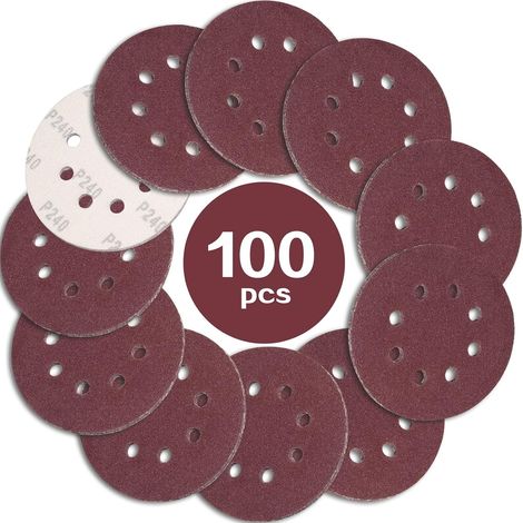100 Schleifscheiben, 125 Mm, Körnung 240, 8 Löcher, Aluminiumoxid, Für Exzenterschleifer (holz/metall)