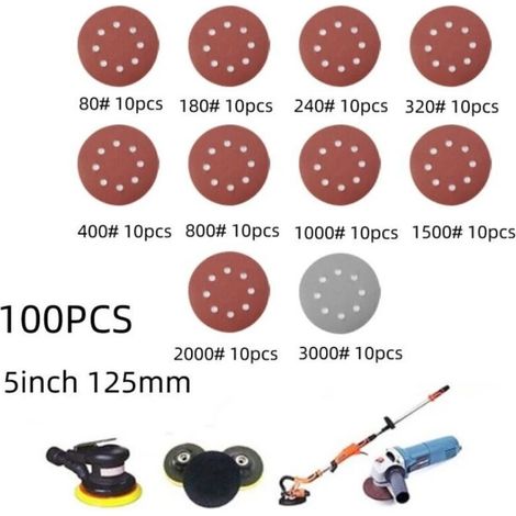 100 Stück Runde Schleifpapierscheiben (125 Mm) Mit Klettverschluss, Schleifpapier-polierblatt, 8 Löcher