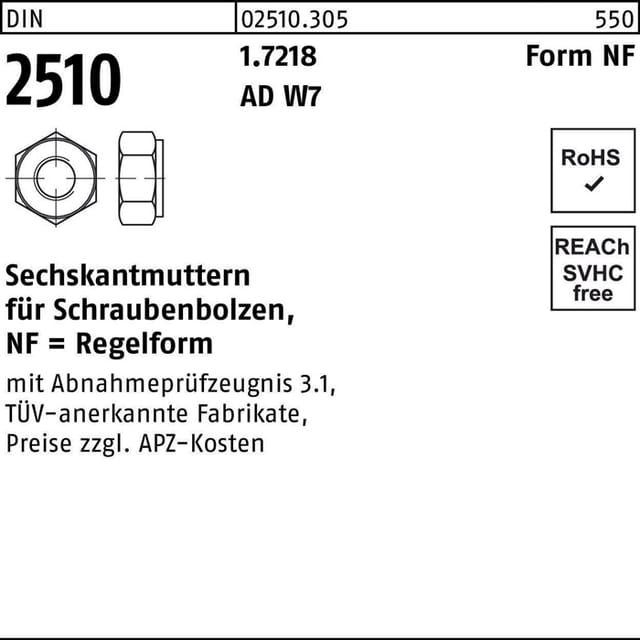 Sechskantmutter DIN 2510 f.Schraubenbolzen NF M 16 1.7218