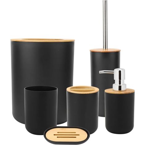 6-teiliges Badezimmer-set: Seifenschalen, Zahnbürstenhalter, Mundspülbecher, Lotionflasche, Accessoires, Schwarz