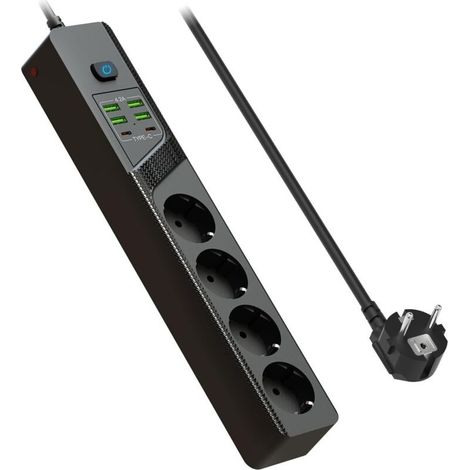 4-fach Steckdosenleiste Mit Usb-überspannungsschutz, 4 Usb-a-anschlüssen + 2 Usb-c-anschlüssen, Ladegerät, Überspannungsschutz Und 2 M Kabel Für Smartphones, Zuhause Und Büro – Schwarz
