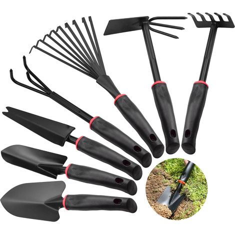 7-teiliges Gartenwerkzeug-set, Kultivator, Rechen, Spaten, Rutschfeste Pflanzkellen, Umpflanzkelle, Blumenrechen, Setzlingsbeschneidungswerkzeug