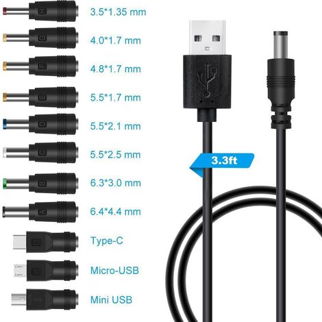 11-in-1 Usb-zu-dc-5v-kabel – 5,5 X 2,1 Mm Netzteil Für Laptop, Router – 1 M Länge, Schwarz – Mehrere Schnittstellen