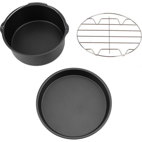 8-zoll 3-in-1 Multifunktions-heißluftfritteusen-zubehörset: Brotrost, Kuchenform, Pizzablech (schwarz)