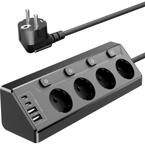 Abgewinkelte Steckdosenleiste, 4 Steckdosen, 2 Usb-a, 2 Usb-c, Einzelschalter, 2 M Kabel, Küche/büro
