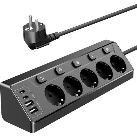Steckdosenleiste Mit 5 Steckdosen, Einzelschalter, 4 Usb-anschlüssen, 2 M Kabel, Küche/büro