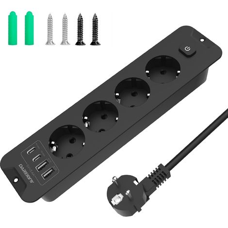 Unterputz-steckdosenleiste, 4 Steckdosen, 2 Usb-a, 2 Usb-c, Schalter, 4000 W, 2 M Kabel, Büro, Küche