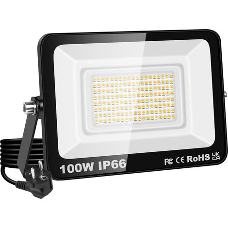 Led-außenstrahler Mit Stecker, 100 W, 10000 Lm, Ip66 Wasserdicht, Warmweißes Licht (3000 K) Für Garten, Garage Und Terrasse