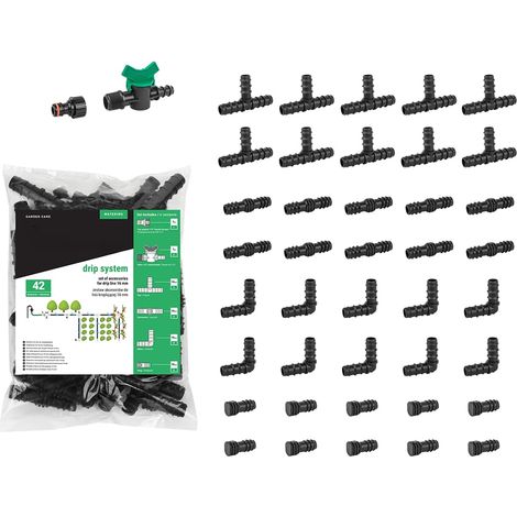 Set Mit 42 Bewässerungszubehörteilen, Wasserhahnanschlüssen, T- Und L-stücken, 16-mm-schlauchstopfen, Garten- Und Gemüsebeet