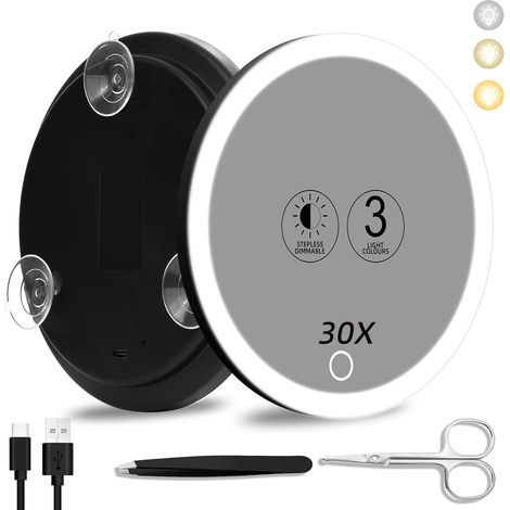 Vergrößerungsspiegel (30x), 3-farbiges Led-licht, Usb-aufladbar, 15 Cm, 3 Saugnäpfe, Reise-make-up