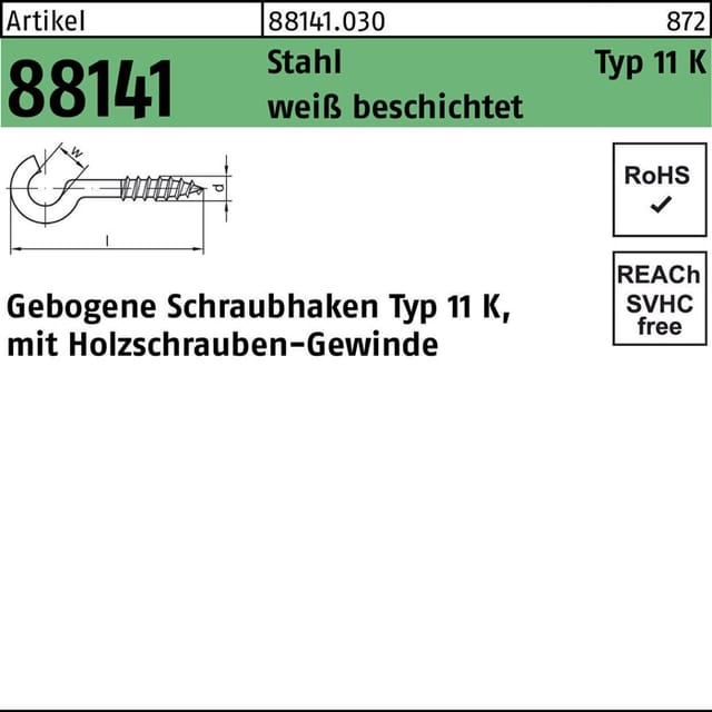 Schraubhaken R 88141 Typ 11 K gebogen 50 x 3,3 x 16 Stahl weiß beschichtet