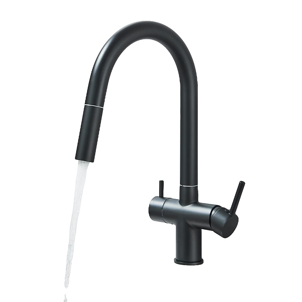 Küchenarmatur Für Gereinigtes Wasser, Zwei Griffe, Aufsatzmontage, Keramikventil, Mattschwarz
