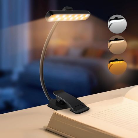 Leselampe Mit 24 Leds, 315° Drehbar, Wiederaufladbar, Mit Klemme, 5 Helligkeitsstufen Und 3 Farben, 360° Flexibler Hals, Lange Akkulaufzeit, Schwarz