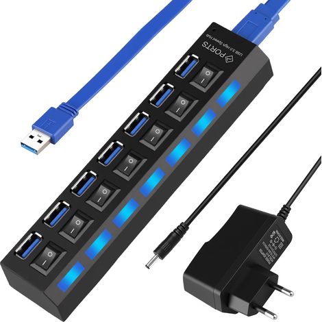 X 7-port-usb-hub, Individuelle Led-schalter, 5v/2a-netzteil, Kompatibel Mit Pc, Laptop Und Tablet