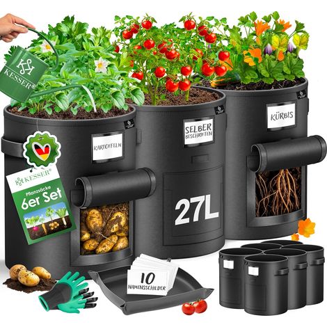 Set Mit 6 Pflanzsäcken À 27 Liter Mit Sichtfenster Und Griffen Für Kartoffeln Und Gemüse