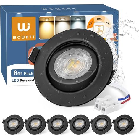 Set Mit 6 Schwarzen Led-einbaustrahlern, 3-stufig Dimmbar, 30° Verstellbar, Schutzart Ip44, Badezimmer