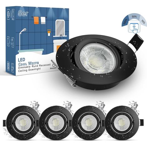 Set Mit 5 Dimmbaren Led-einbaustrahlern Ip44 Schwarz 7w 6000k Verstellbar Badezimmer