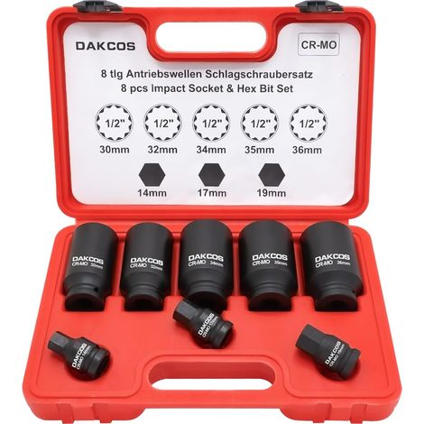 8-teiliger 1/2" 12-punkt-schlagschrauber-steckschlüsselsatz, Chrom-molybdän-stahl, 30-36 Mm, 14-19 Mm Adapter, Für Achsmuttern