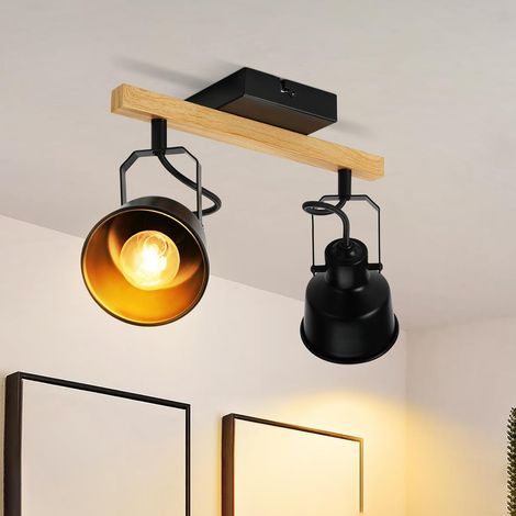 Schwarze 2-flammige Deckenspotleuchte, 350° Drehbar, E14-fassung, Holzdesign, Wohnzimmer, Schlafzimmer, Büro