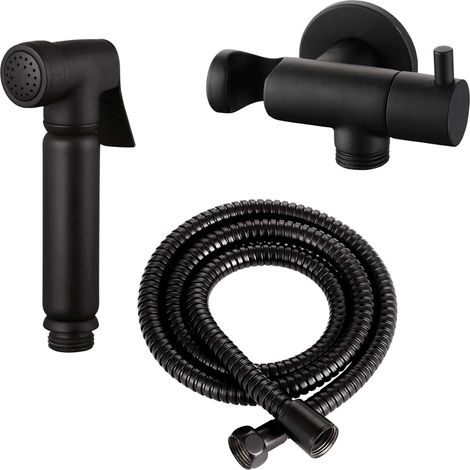 Bidet-duschset Aus Mattschwarzem Messing, Integriertes Absperrventil, 120 Cm Metallschlauch, Wandhalterung, Badezimmer
