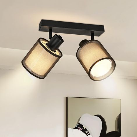 Deckenleuchte Mit 2 Verstellbaren Strahlern, Schwarzes Metall, Stoffschirm, 350° Drehbar, E14, Wohnzimmer/küche