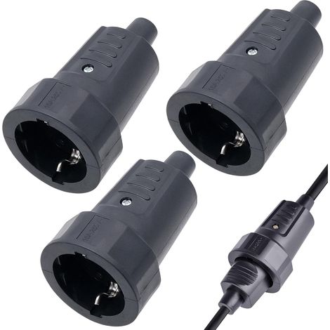 3er-pack Schuko-stecker, Gummi, Verdrehschutz, 250 V, 16 A, Schwarz, Für Den Außenbereich