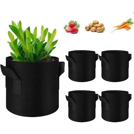 Set Mit 5 Pflanzsäcken Aus Vliesstoff Mit Integrierten Griffen, Für Tomaten Und Blumen, Schwarz, 5 Gallonen