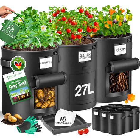 Set Mit 9 Pflanzsäcken, Vliesstoff, 27 L, Sichtfenster, Verstärkte Griffe, Balkongärtnerei