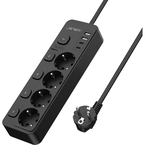 Steckdosenleiste, 4 Steckdosen, 2 Usb-a-anschlüsse, 2 Usb-c-anschlüsse, Einzelschalter, 2 M Kabel, Homeoffice