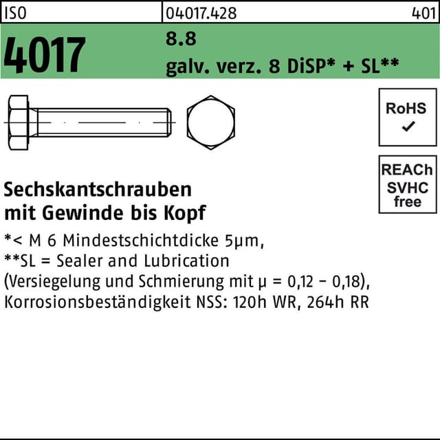 Sechskantschraube ISO 4017 VG M 20 x 55 8.8 galvanisch verzinkt 8 DiSP+SL