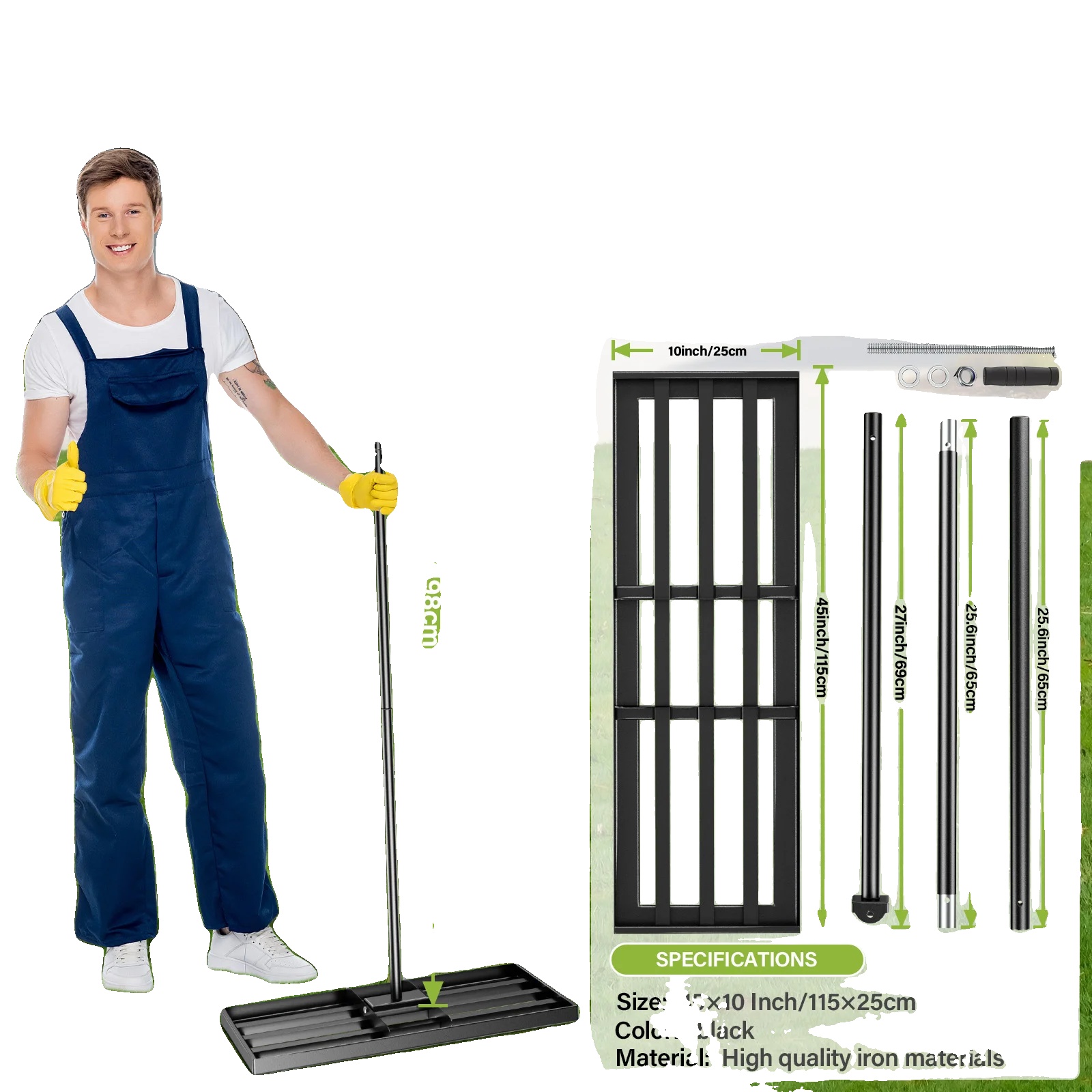 Rasenrechen Zum Nivellieren, Verstellbarer Griff, Robuste Eisenkonstruktion, 115 X 25 Cm – Schwarz