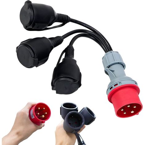 Cee 400v Auf 3 Schuko 230v Adapter Mit Gummikabel Für Camping, Wohnwagen Und Baustellen