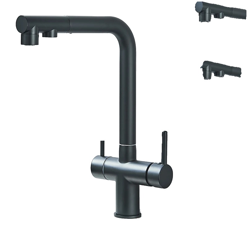 Küchenarmatur, Zweigriffarmatur, Ausziehbrause, Schwarz