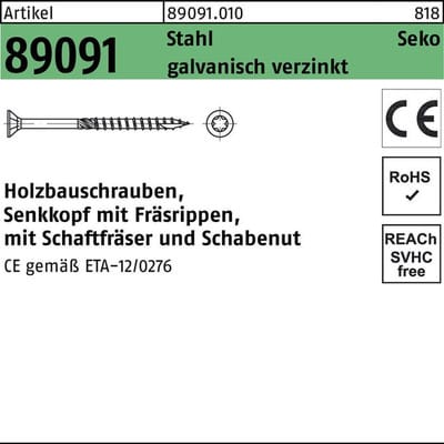 ART 89091 Holzbauschrauben CE Stahl 10 x 300 -T40 galvanisch verzinkt gal Zn S 25 Stk