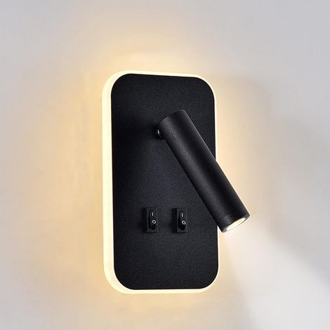 Led-wandleuchte, Leselampe Fürs Bett, 12-w-led-wandleseleuchte, Verstellbarer Spot (3 W + 9 W, 3000 K Warmes Licht) (schwarzes Rechteck)