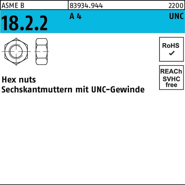 Sechskantmutter R 83934 m.UNC-Gewinde 1/4 A 4