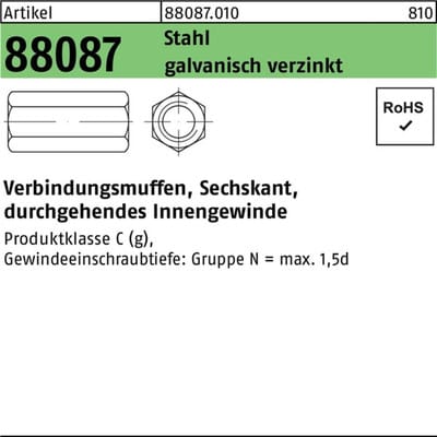 Sechskant-Verbindungsmuffe Stahl galvanisch verzinkt M 8 x 30 SW 13 gal Zn S 100 Stk