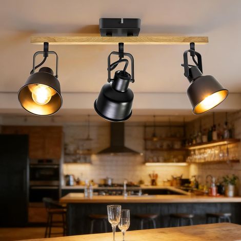 Industrielle Deckenleuchte Mit Strahlern Und Schienensystem, 3 Verstellbare Led-strahler Mit E14-fassung, Innenbeleuchtung Mit Rechteckigem Holzsockel, Für Küche, Schlafzimmer, Wohnzimmer, Schwarz (le