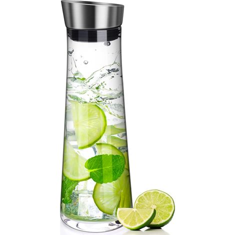 1x Karaffe Aus Borosilikatglas, Edelstahldeckel, 1 Liter, Für Wasser, Saft, Milch